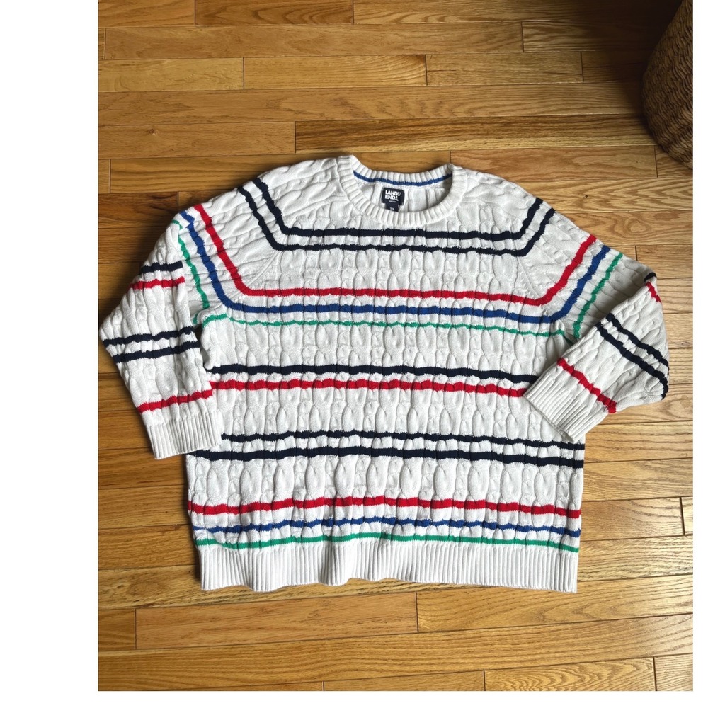 Lands End Drifter Womens 2X White Cable Knit Multi Color Striped Cotton Sweater